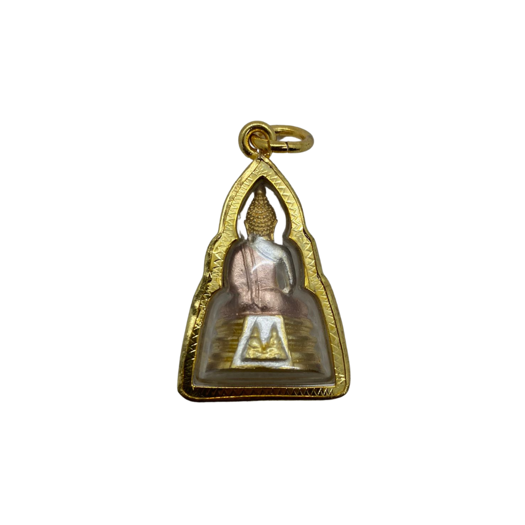 Amulette en verre Bouddha Thaï/Khmer couleur or, argent et rose doré