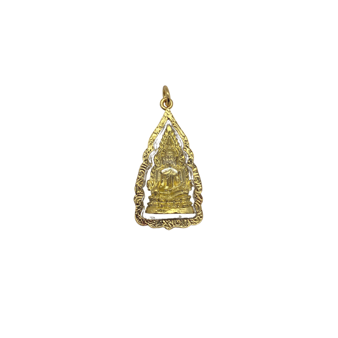 Grande amulette Thaï en verre Bouddha position Bhumisparsha mudra couleur doré
