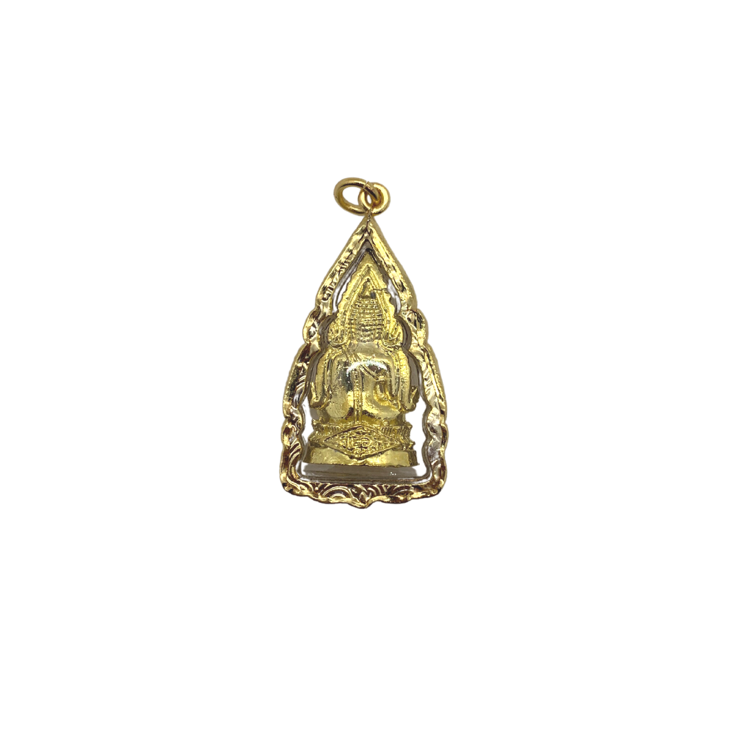 Grande amulette Thaï en verre Bouddha position Bhumisparsha mudra couleur doré