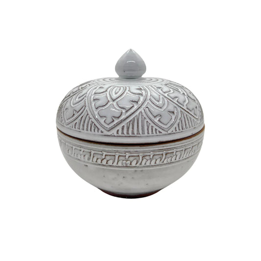 Pot rond "Siem Reap" avec couvercle en céramique du Cambodge fait à la main couleur blanche