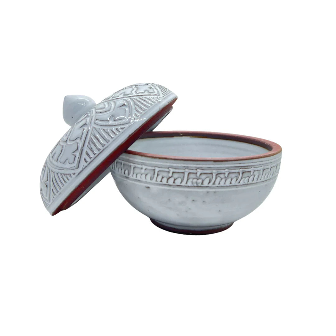 Pot rond "Siem Reap" avec couvercle en céramique du Cambodge fait à la main couleur blanche