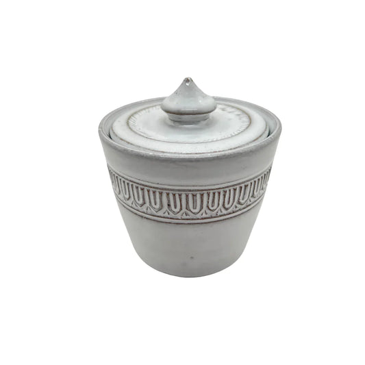 Pot "Banteay Mean Chey" avec son couvercle à motifs en céramique du Cambodge fait à la main couleur blanche